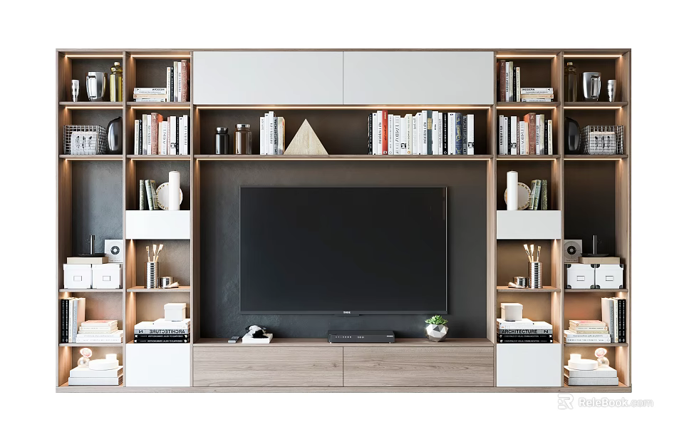 Modern TV Background Cabinet With Built in Bookshelves Storage Decorations And Vases 3d model 