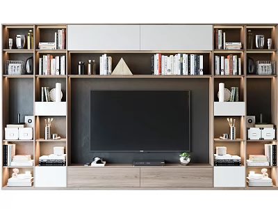 Modern TV Background Cabinet With Built in Bookshelves Storage Decorations And Vases 3d model
