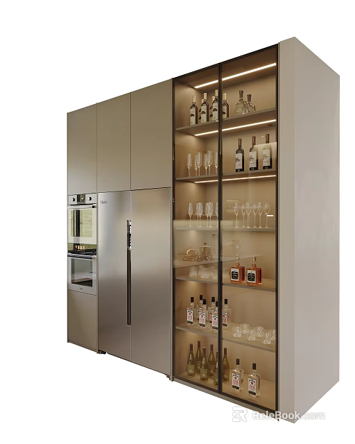 Modern Stylish Sideboard With Glass Doors Wine Glasses And Wine Bottles 3d model 