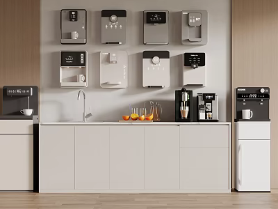 Modern Tea Room Interior With Wall Mounted Appliances Countertop And Cabinets 3d model