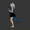 Anime Girl With Cat Ears And Fox Tail Decoration Wearing Blue Dress Holding Red Item