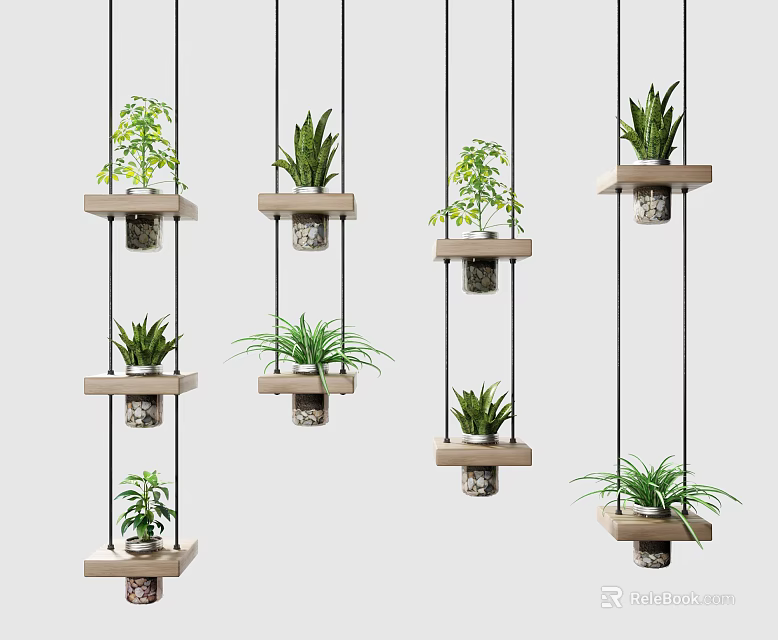 Multiple Hanging Potted Green Plants With Wooden Trays Suspended By Strings 3d model 