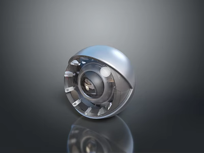 Silver Spherical Metallic Device Featuring Central Round Structure And Reflection On Black Surface 3d model