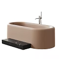 Modern Beige Bathtub Design With Black Marble Countertop And Faucet