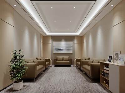 Modern Conference Room Interior Featuring Beige Sofas Carpet Green Plant Wall Painting And Bookshelf 3d model