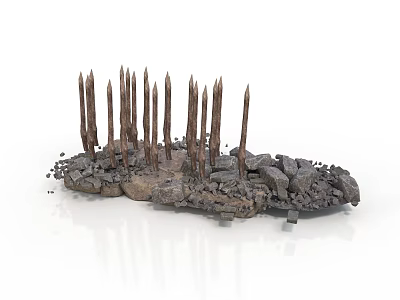 Modern Sculptural Structure Featuring Rusted Metal Spikes And Rubble Base 3d model