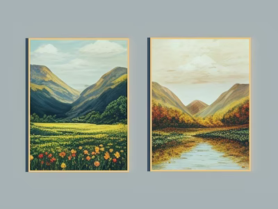 Beautiful Landscape Paintings With Green Mountains Grassland Colorful Flowers River And Autumn Trees 3d model