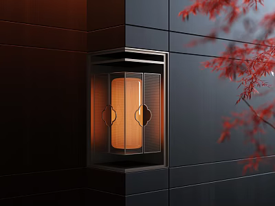 Contemporary Wall Lamp Design with Warm Light Shade and Red Maple Leaves on Dark Wall 3d model