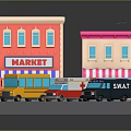 Cartoon Town Scene Featuring Colorful Market Pink Building Yellow School Bus Ambulance SWAT Police Car