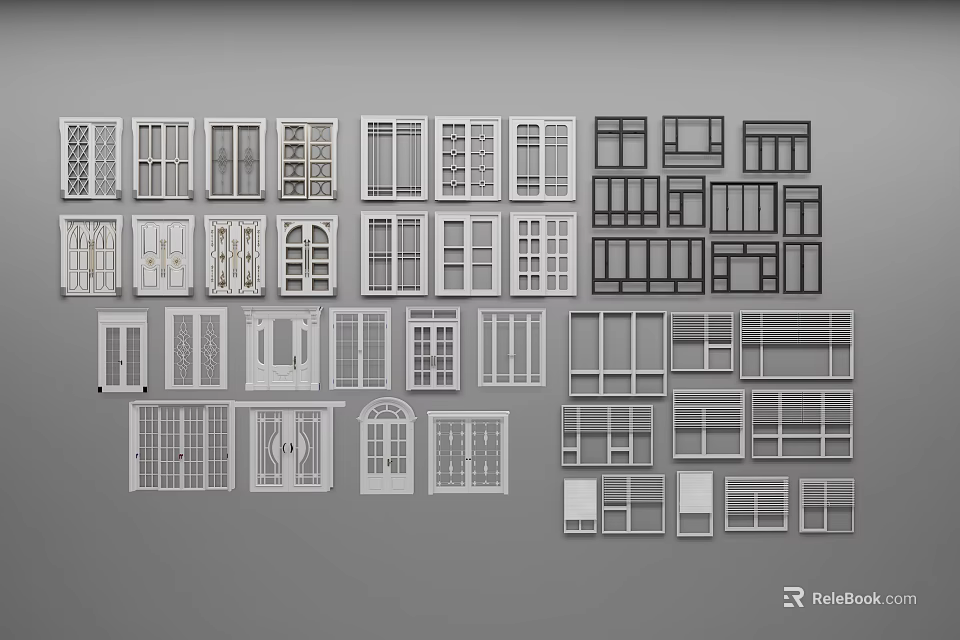 Various Window Designs Featuring Different Pane Styles And Frame Patterns 3d model 