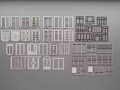 Various Window Designs Featuring Different Pane Styles And Frame Patterns 3d model