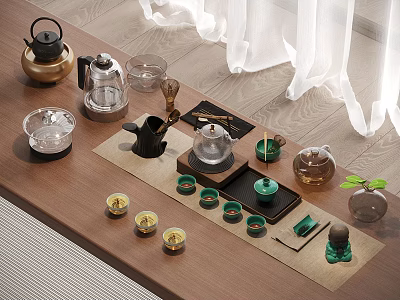 Elegant Modern Tea Set With Glass Teapots Ceramic Cups And Wooden Tray 3d model