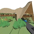 Wavy Roof Pergola Design With Natural Materials And Surrounding Lush Greenery