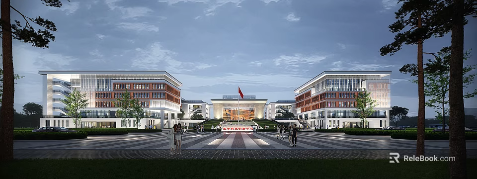 Modern Office Buildings with Central Hall and Red Flag Front Plaza Greenery and People Walking 3d model 
