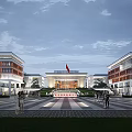 Modern Office Buildings with Central Hall and Red Flag Front Plaza Greenery and People Walking