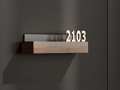 House Number 2103 With Wooden Base Mounted On Dark Door Surface 3d model