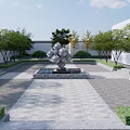 Garden Landscape With Paved Path Green Trees Lawn And Modern Buildings