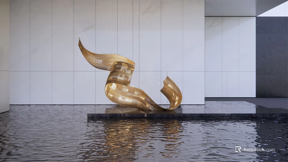 Modern Golden Flowing Landscape Sculpture On Water With Black Base And White Wall Background 3d model 