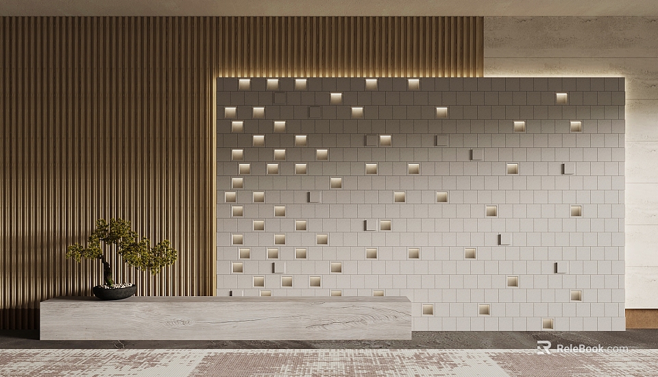 Contemporary Accent Wall Design With Geometric Pattern And Wooden Paneling 3d model 