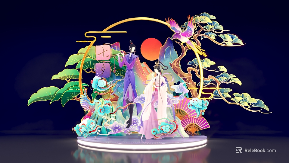 Chinese Ancient Decorative Scene With Figures Golden Ring Red Sun Pine Crane Fan And Flowers 3d model 