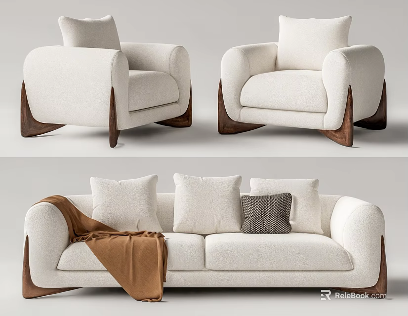 White Fabric Double Sofa With Pillows And Brown Blanket On Wooden Legs 3d model 