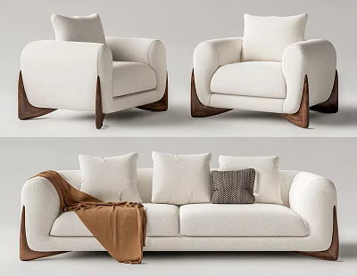 White Fabric Double Sofa With Pillows And Brown Blanket On Wooden Legs 3d model