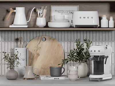 Elegant Kitchenware On Brick Wall Shelves With SMEG Appliances Wooden Cutting Board And Green Plants 3d model