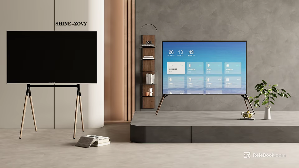 Modern Living Space With Smart TV On Tripod Stand Displaying Digital Interface 3d model