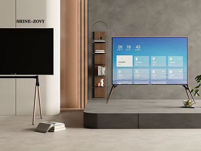 Modern Living Space With Smart TV On Tripod Stand Displaying Digital Interface 3d model