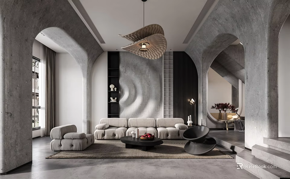 Modern Living Room Interior With Gray Arched Walls Beige Sofa And Unique Pendant Light 3d model 