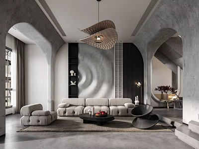 Modern Living Room Interior With Gray Arched Walls Beige Sofa And Unique Pendant Light 3d model