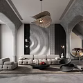 Modern Living Room Interior With Gray Arched Walls Beige Sofa And Unique Pendant Light