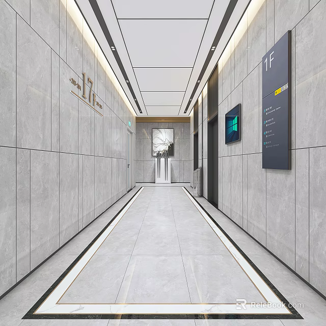 Elevator Hallway Featuring Gray Walls Ceiling Lines 17F 1F Signs Floor White Lines Display Screen 3d model