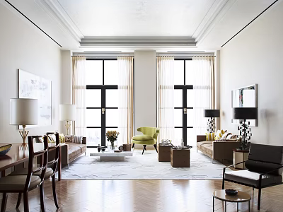 Modern Living Room Interior With Sofa Armchair Large Windows Curtains And Area Rug 3d model
