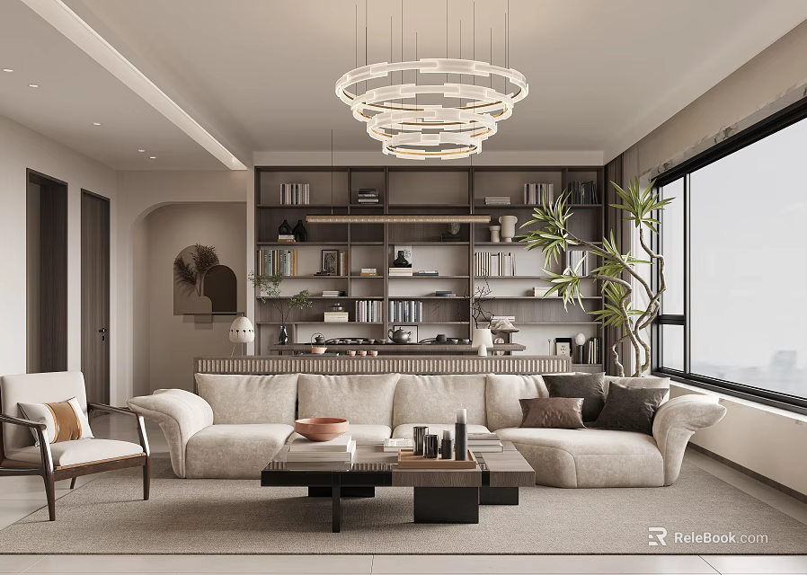 Modern Living Room Interior With Chandelier Bookshelves Sofa Coffee Table Large Window And Plant 3d model 