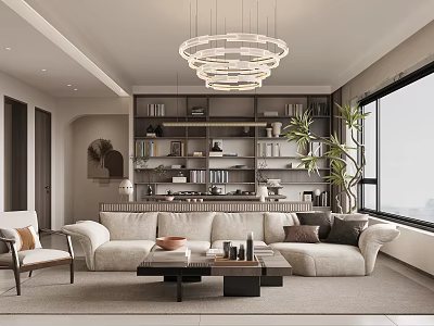 Modern Living Room Interior With Chandelier Bookshelves Sofa Coffee Table Large Window And Plant 3d model