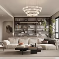 Modern Living Room Interior With Chandelier Bookshelves Sofa Coffee Table Large Window And Plant
