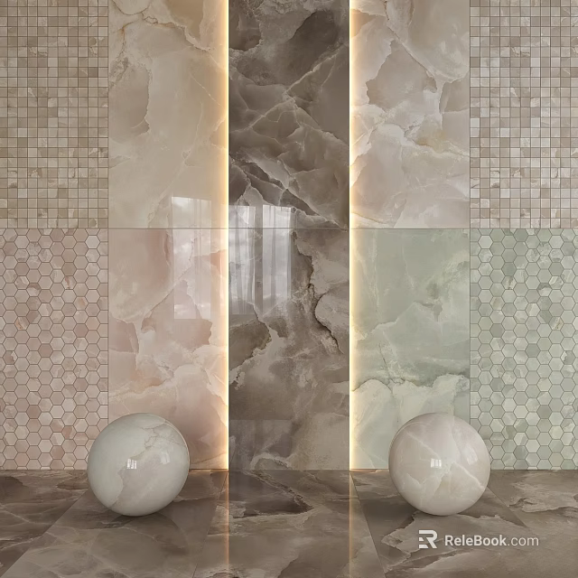 Wall Components Featuring Marble Textures Square Hexagonal Mosaic Tiles And Decorative Spheres 3d model