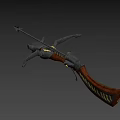 Ornate Skull Decorated Crossbow Featuring Golden Accent Red Blood Black Body Wooden Parts