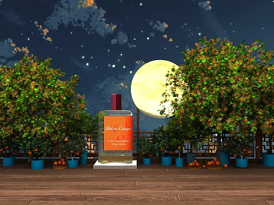 Enchanting Night Photo Spot With Full Moon Stars Orange Trees Blue Pots And Blood Orange Bottle 3d model