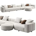 Beige Fabric Sectional Sofa With Beige Brown Cushions And Round Ottoman