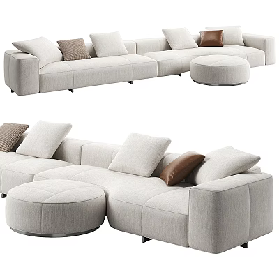 Beige Fabric Sectional Sofa With Beige Brown Cushions And Round Ottoman 3d model