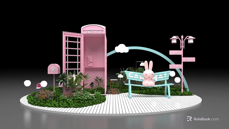 Cute Check-in Photo Spot With Pink Phone Booth Cloud Arch Rabbit Bench And Greenery 3d model 