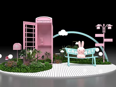 Cute Check-in Photo Spot With Pink Phone Booth Cloud Arch Rabbit Bench And Greenery 3d model