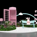 Cute Check-in Photo Spot With Pink Phone Booth Cloud Arch Rabbit Bench And Greenery 3d model