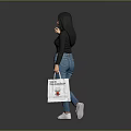 Stylish Woman In Black Long Sleeve Top And Blue Ripped Jeans Holding White Shopping Bag