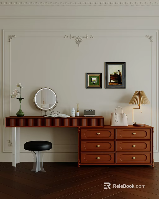Elegant Wooden Dressing Table With Round Mirror Green Vase Skincare Bottles And Decorative Paintings 3d model 