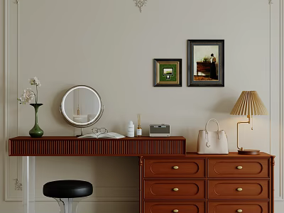 Elegant Wooden Dressing Table With Round Mirror Green Vase Skincare Bottles And Decorative Paintings 3d model