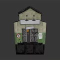 Cartoon Two Story House Scene With Dark Roof Beige Green Walls And Red Door Decor