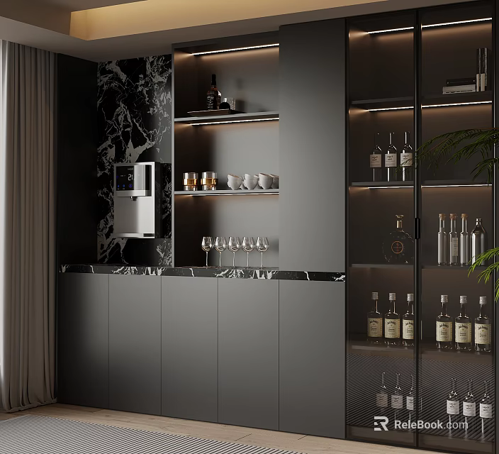 Modern Black Wine Cabinet With Glass Doors Wine Bottles And Wine Glasses 3d model 